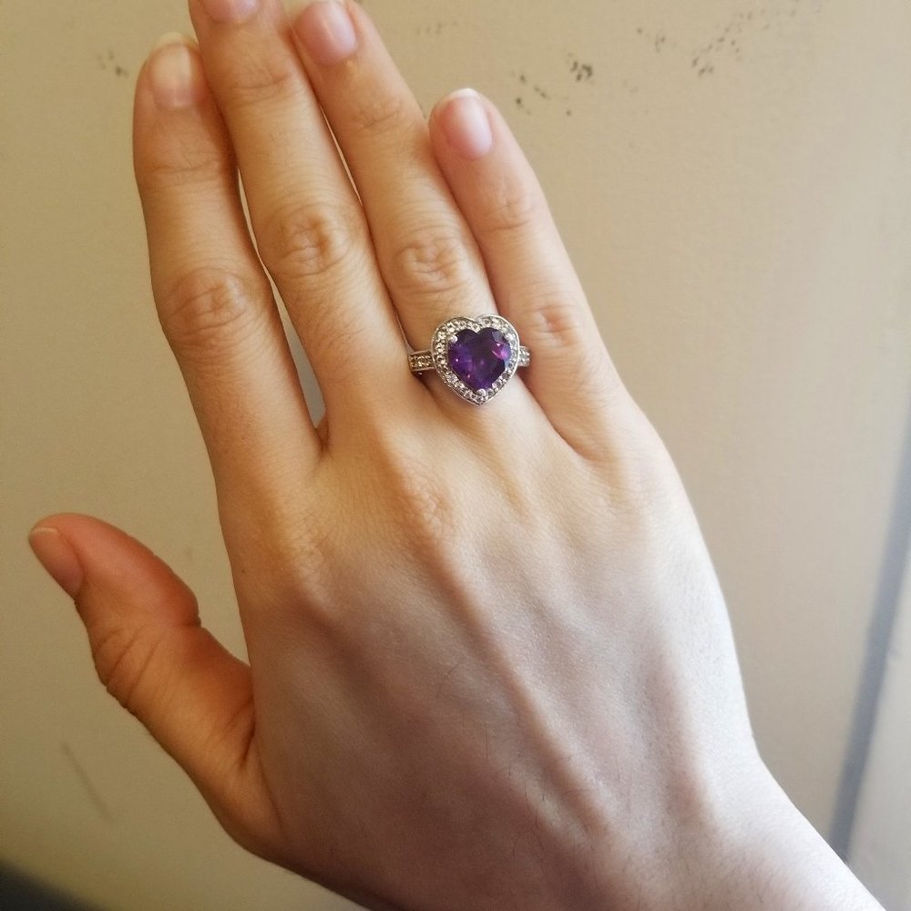 Heart Engagement ring - size 5 - amethyst and CZ